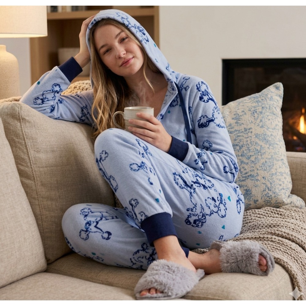 Hale Bob Poodle Pajama Jumpsuit XL Soft Velour Hoodie AOP One Piece PJs Blue NWT